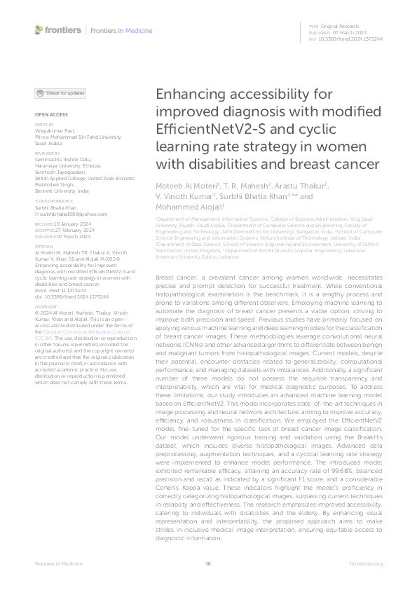 Enhancing accessibility for improved diagnosis with modified EfficientNetV2-S and cyclic learning rate strategy in women with disabilities and breast cancer Thumbnail