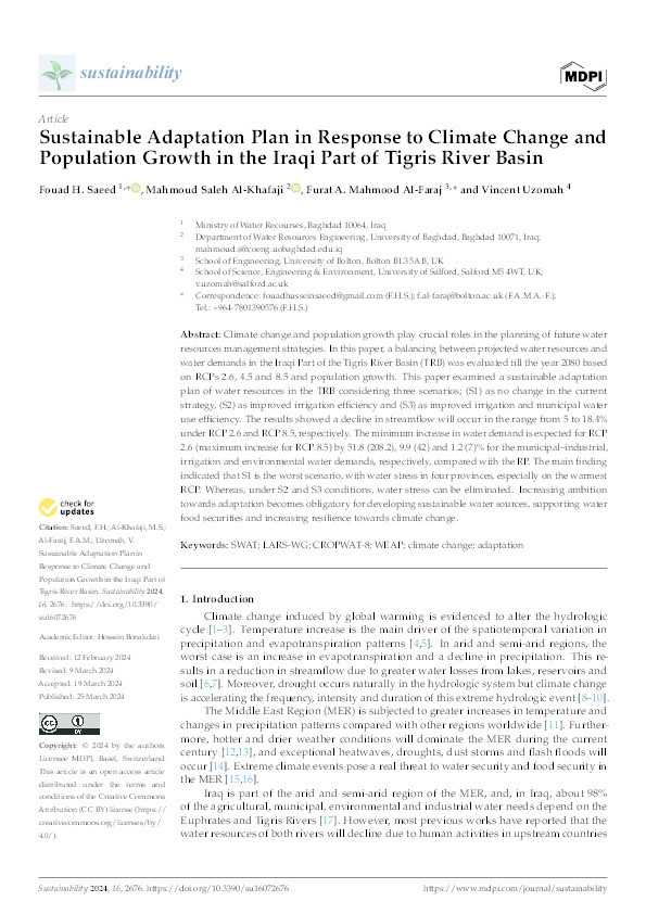 Sustainable Adaptation Plan in Response to Climate Change and Population Growth in the Iraqi Part of Tigris River Basin Thumbnail