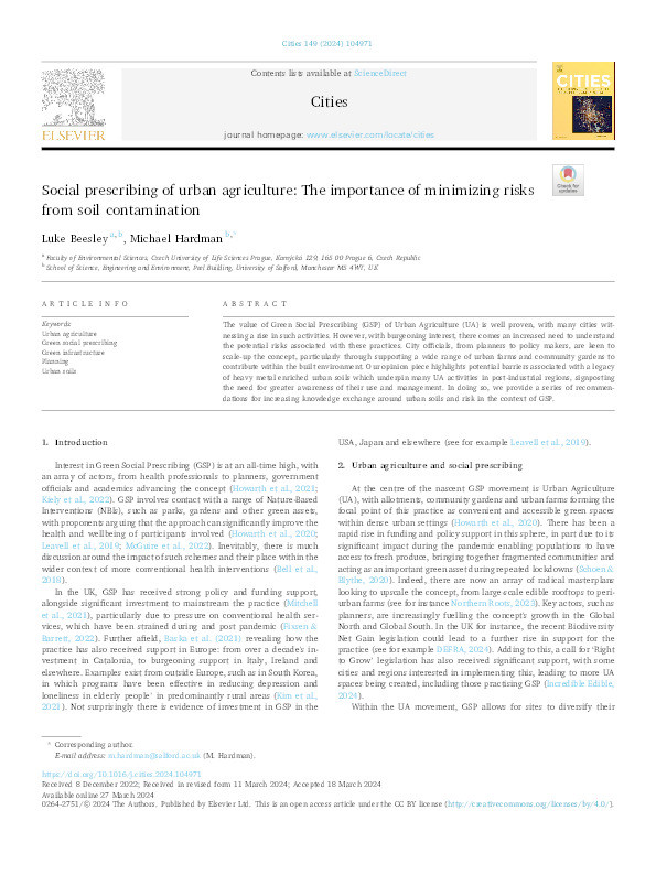 Social prescribing of urban agriculture: The importance of minimizing risks from soil contamination Thumbnail