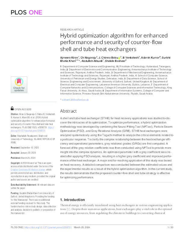 Hybrid optimization algorithm for enhanced performance and security of counter-flow shell and tube heat exchangers Thumbnail