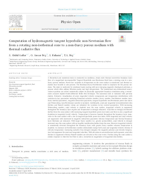 Computation of hydromagnetic tangent hyperbolic non-Newtonian flow from a rotating non- isothermal cone to a non-darcy porous medium with thermal radiative flux Thumbnail