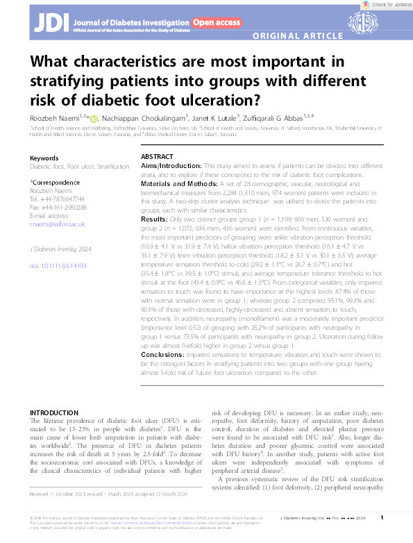 What characteristics are most important in stratifying patients into groups with different risk of diabetic foot ulceration? Thumbnail