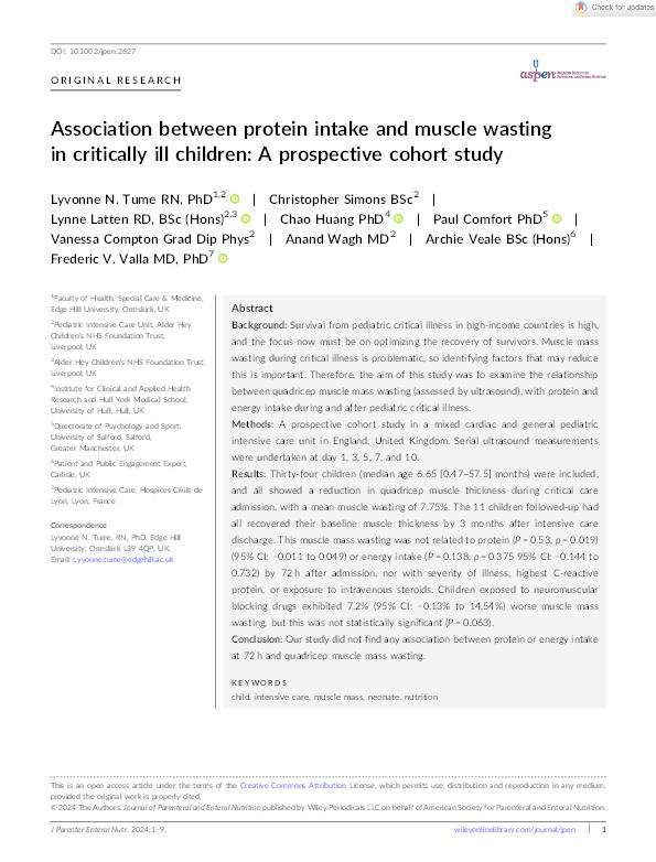 Association between protein intake and muscle wasting in critically ill children: A prospective cohort study Thumbnail