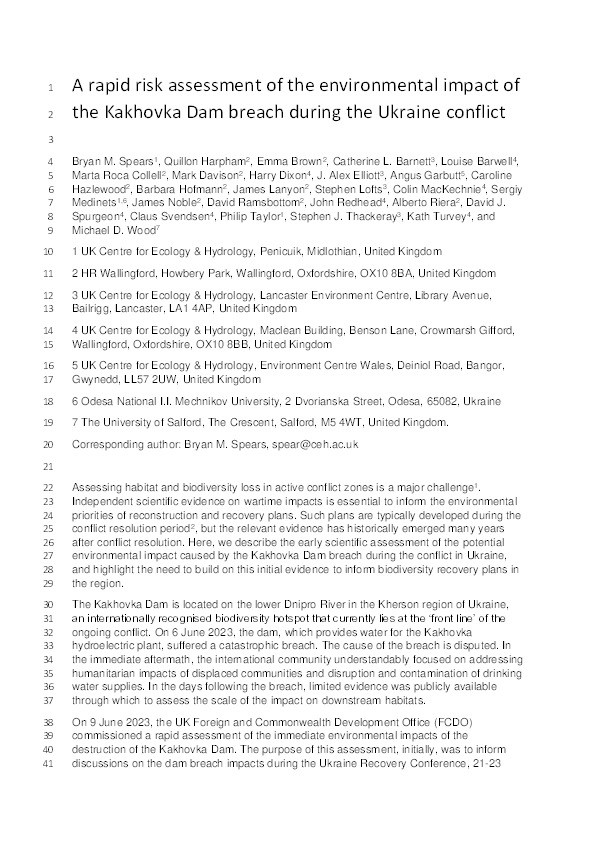 A rapid environmental risk assessment of the Kakhovka Dam breach during the Ukraine conflict. Thumbnail