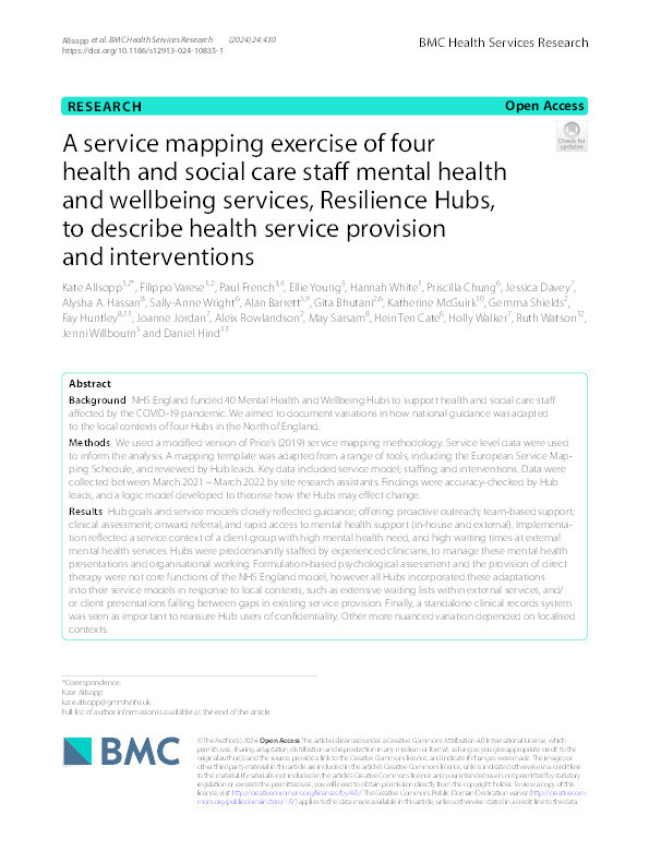 A service mapping exercise of four health and social care staff mental health and wellbeing services, Resilience Hubs, to describe health service provision and interventions Thumbnail