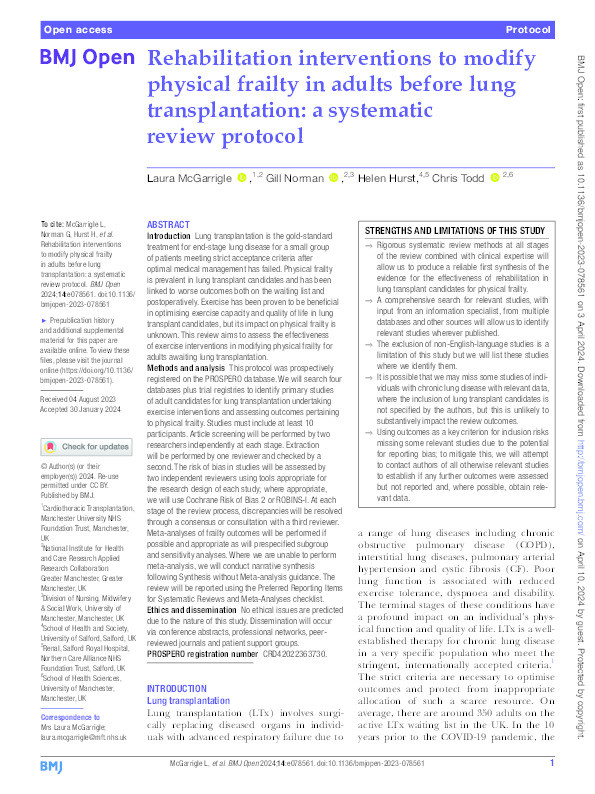 Rehabilitation interventions to modify physical frailty in adults before lung transplantation: a systematic review protocol. Thumbnail