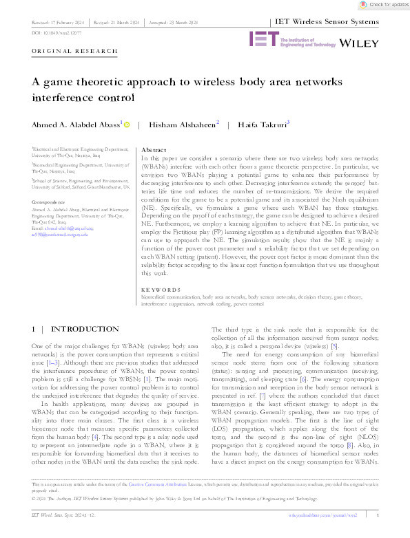 A game theoretic approach to wireless body area networks interference control Thumbnail