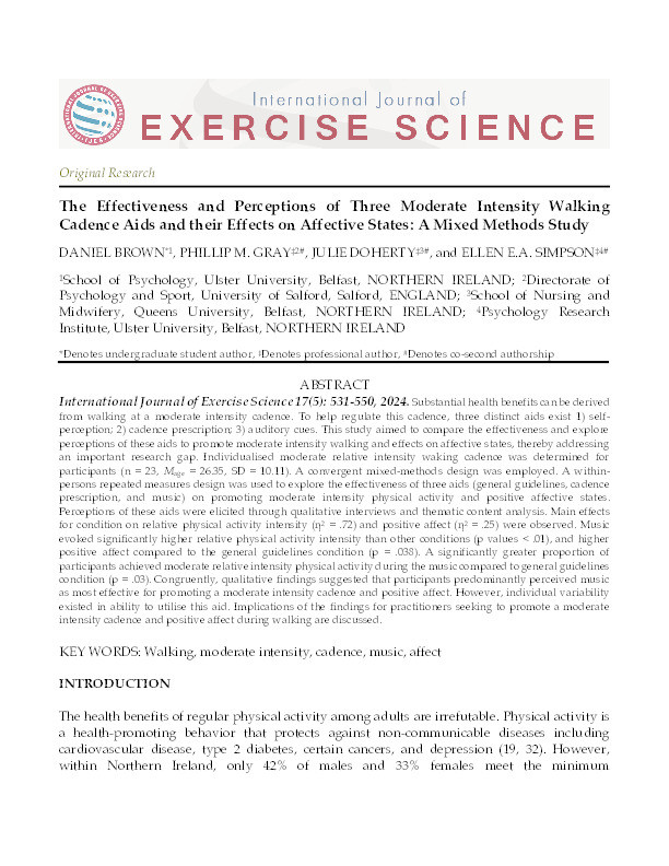The Effectiveness and Perceptions of Three Moderate Intensity Walking Cadence Aids and their Effects on Affective States: a Mixed Methods Study Thumbnail