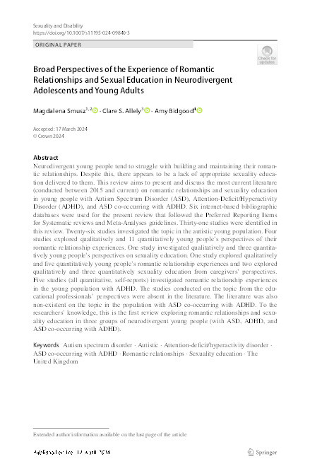 Broad Perspectives of the Experience of Romantic Relationships and Sexual Education in Neurodivergent Adolescents and Young Adults Thumbnail