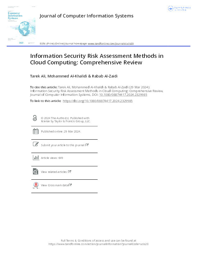 Information Security Risk Assessment Methods in Cloud Computing: Comprehensive Review Thumbnail