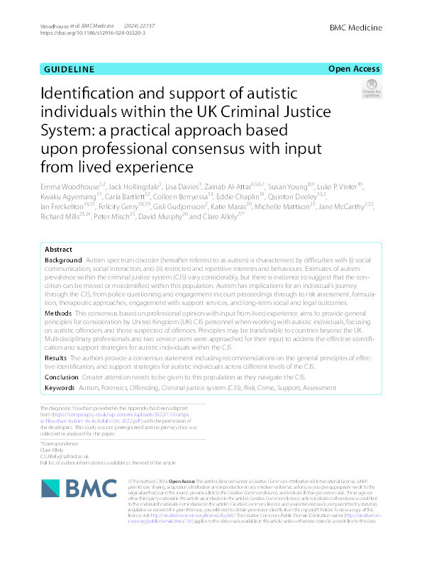 Identification and support of autistic individuals within the UK Criminal Justice System: a practical approach based upon professional consensus with input from lived experience Thumbnail