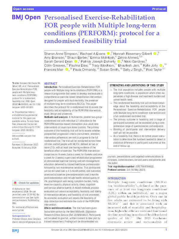 Personalised Exercise-Rehabilitation FOR people with Multiple long-term conditions (PERFORM): protocol for a randomised feasibility trial Thumbnail