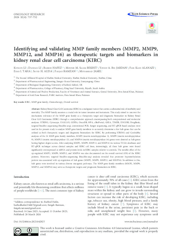 Identifying and validating MMP family members (MMP2, MMP9, MMP12, and MMP16) as therapeutic targets and biomarkers in kidney renal clear cell carcinoma (KIRC). Thumbnail