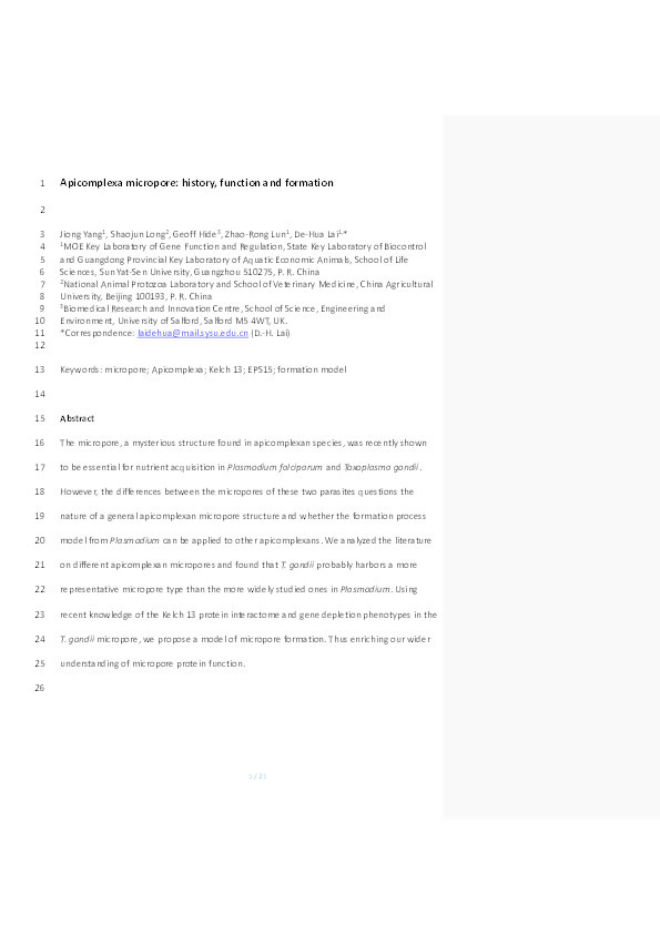 Apicomplexa micropore: history, function, and formation Thumbnail