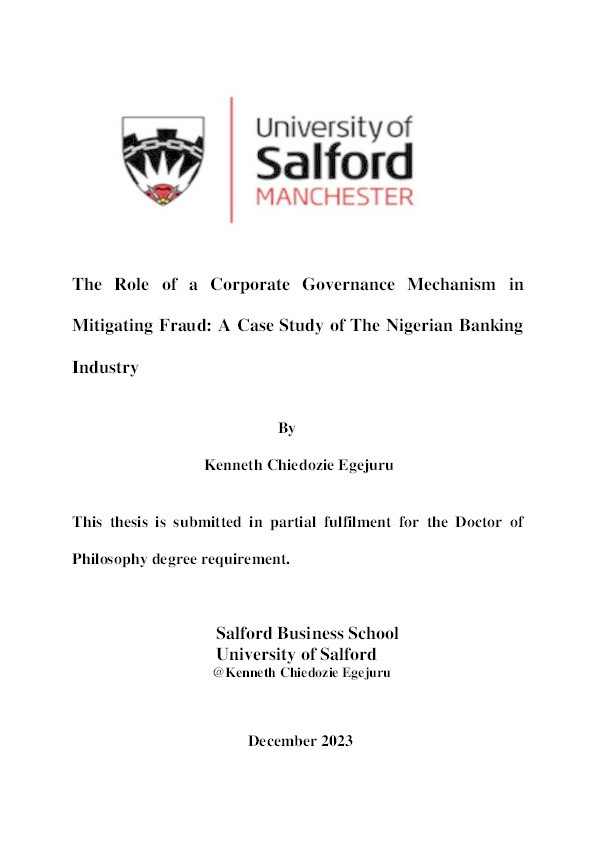The Role of a Corporate Governance Mechanism in Mitigating Fraud: A Case Study of the Nigerian Banking Industry Thumbnail