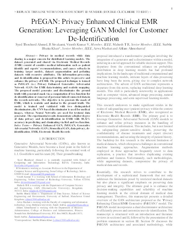 PrEGAN: Privacy Enhanced Clinical EMR Generation: Leveraging GAN Model for Customer De-Identification Thumbnail