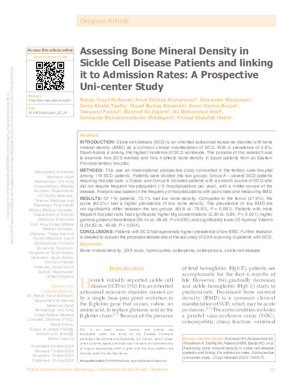 Assessing Bone Mineral Density in Sickle Cell Disease Patients and linking it to Admission Rates: A Prospective Uni-center Study Thumbnail