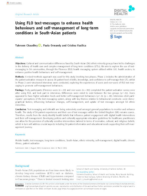 Using FLO text-messages to enhance health behaviours and self-management of long-term conditions in South-Asian patients Thumbnail