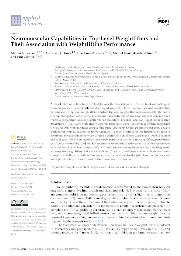 Neuromuscular Capabilities in Top-Level Weightlifters and Their Association with Weightlifting Performance Thumbnail