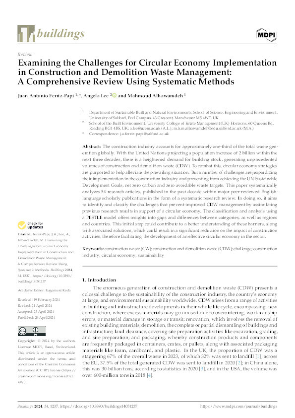 Examining the Challenges for Circular Economy Implementation in Construction and Demolition Waste Management: A Comprehensive Review Using Systematic Methods Thumbnail