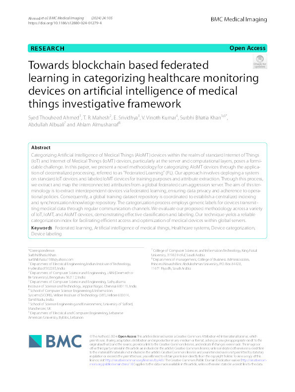 Towards blockchain based federated learning in categorizing healthcare monitoring devices on artificial intelligence of medical things investigative framework Thumbnail