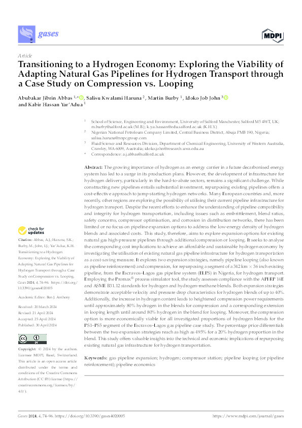 Transitioning to a Hydrogen Economy: Exploring the Viability of Adapting Natural Gas Pipelines for Hydrogen Transport through a Case Study on Compression vs. Looping Thumbnail