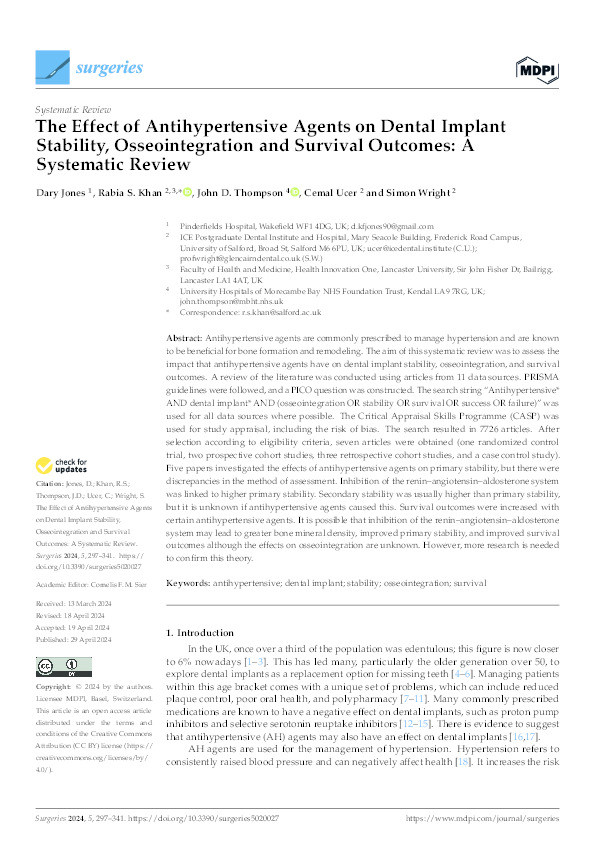 The Effect of Antihypertensive Agents on Dental Implant Stability, Osseointegration and Survival Outcomes: A Systematic Review Thumbnail