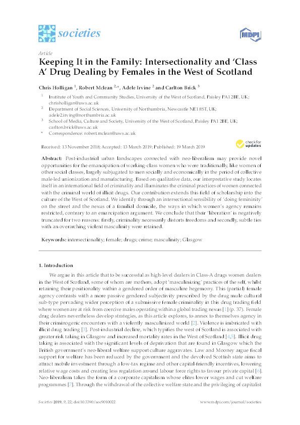 Keeping It in the Family: Intersectionality and ‘Class A’ Drug Dealing by Females in the West of Scotland Thumbnail