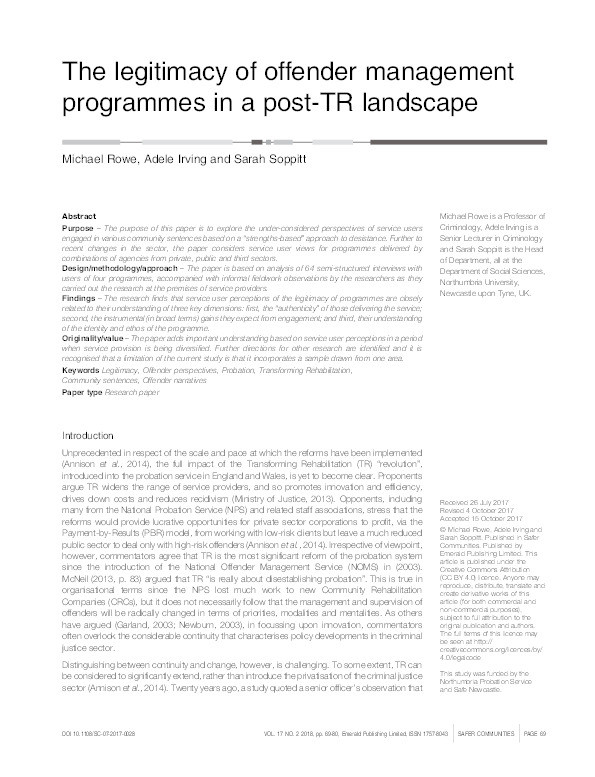 The legitimacy of offender management programmes in a post-TR landscape Thumbnail