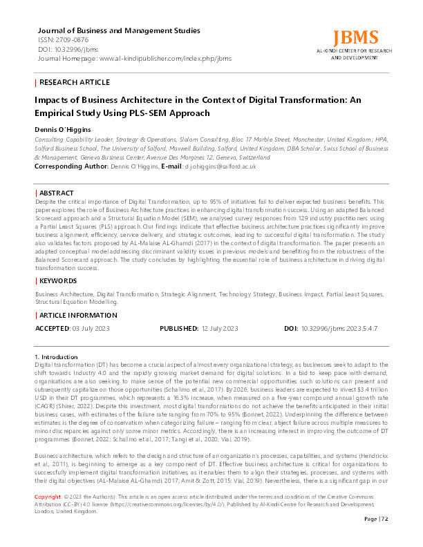 Impacts of Business Architecture in the Context of Digital Transformation: An Empirical Study Using PLS-SEM Approach Thumbnail