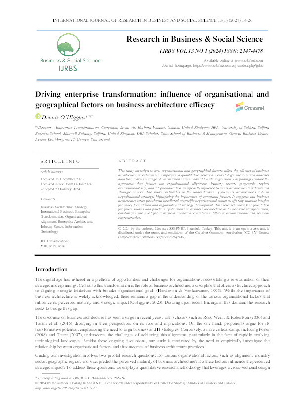 Driving enterprise transformation: influence of organisational and geographical factors on business architecture efficacy Thumbnail