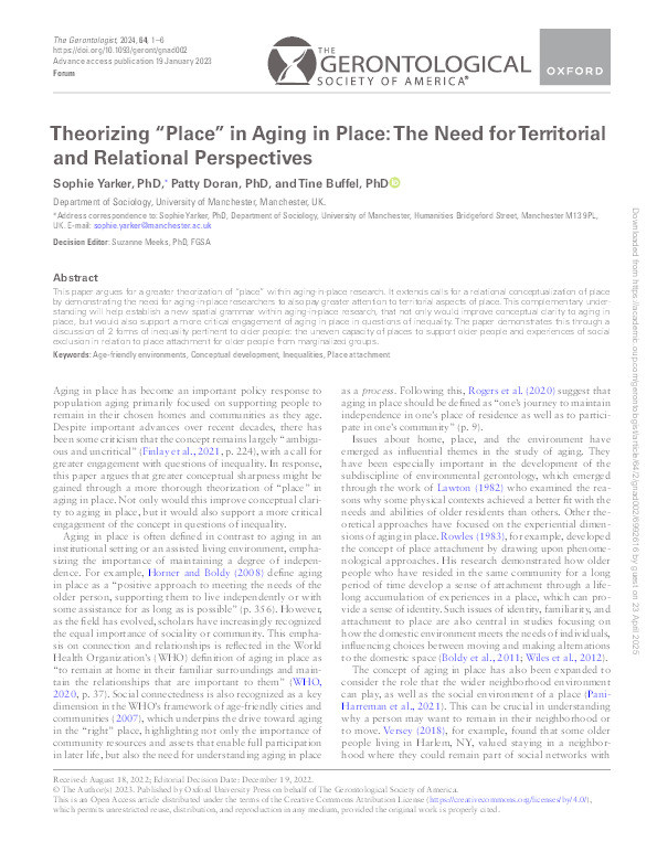 Theorising ‘place’ in ageing in place: territorial and relational approaches Thumbnail