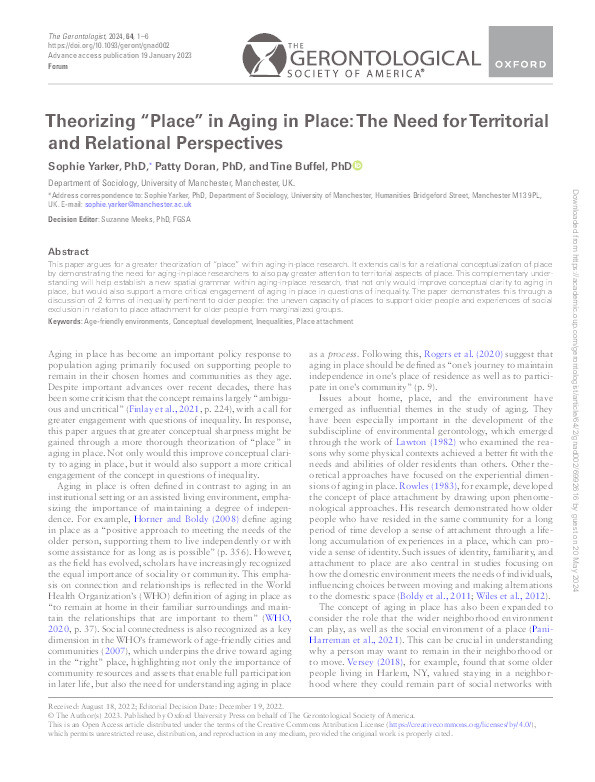 Theorizing “Place” in Aging in Place: The Need for Territorial and Relational Perspectives Thumbnail