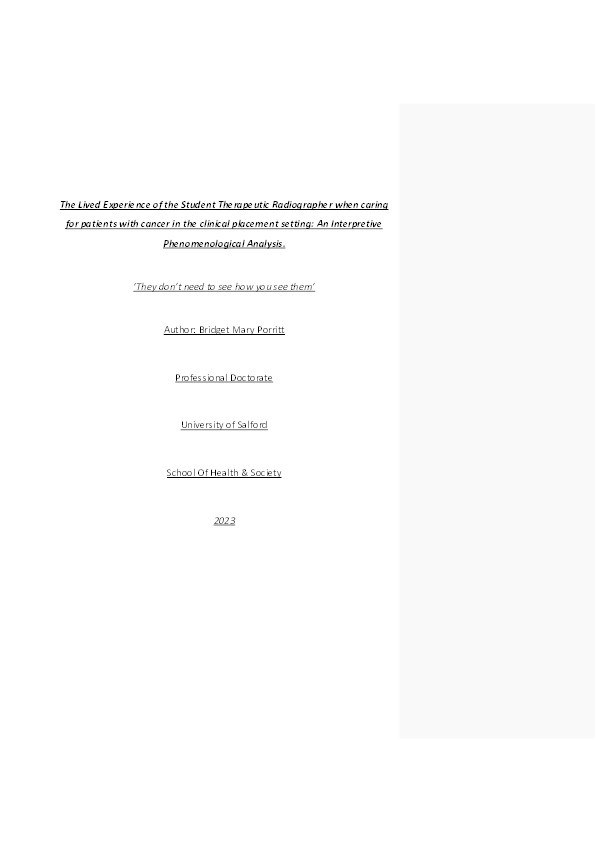 The Lived Experience of the Student Therapeutic Radiographer when caring for patients with cancer in the clinical placement setting: An Interpretive Phenomenological Analysis Thumbnail