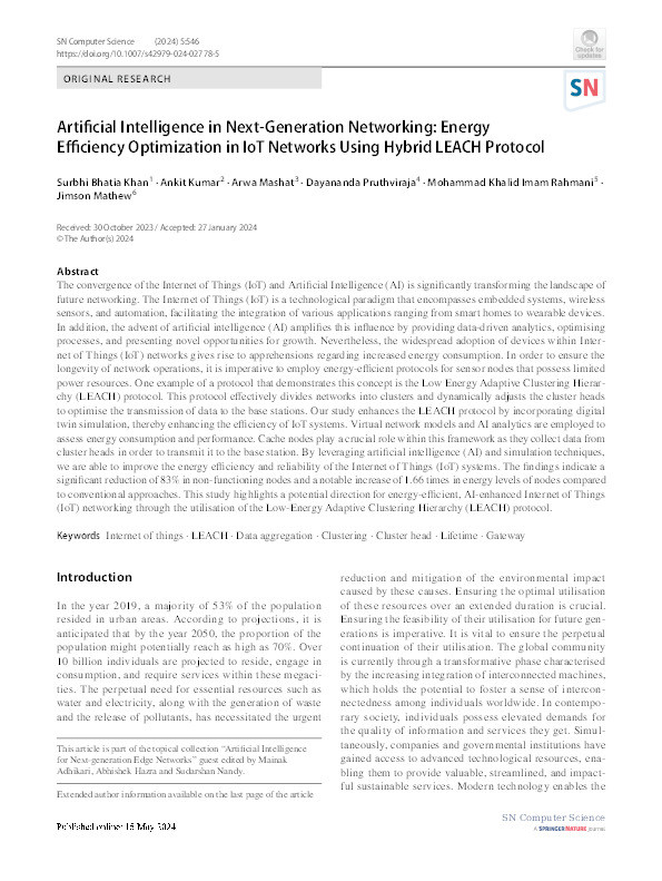 Artificial Intelligence in Next-Generation Networking: Energy Efficiency Optimization in IoT Networks Using Hybrid LEACH Protocol Thumbnail