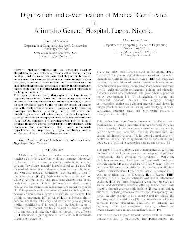 Digitization and e-Verification of Medical Certificates In Alimosho General Hospital, Lagos, Nigeria Thumbnail