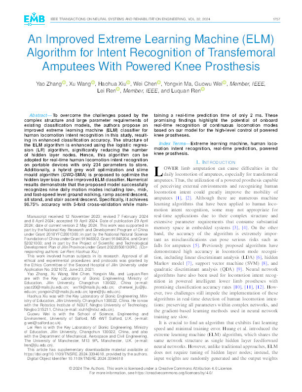 An Improved Extreme Learning Machine (ELM) Algorithm for Intent Recognition of Transfemoral Amputees With Powered Knee Prosthesis Thumbnail