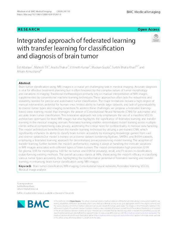 Integrated approach of federated learning with transfer learning for classification and diagnosis of brain tumor Thumbnail