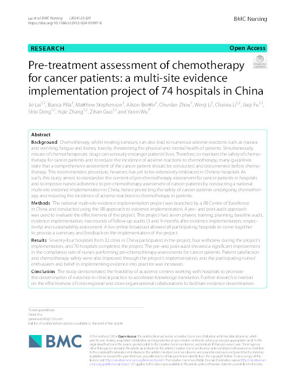 Pre-treatment assessment of chemotherapy for cancer patients: a multi-site evidence implementation project of 74 hospitals in China Thumbnail