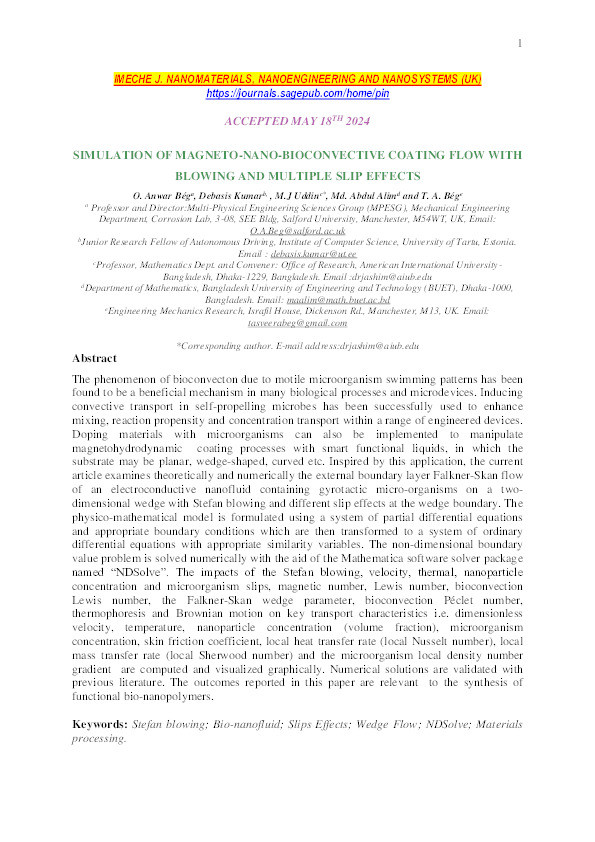 Simulation of magneto-nano-bioconvective coating flow with blowing and multiple slip effects Thumbnail