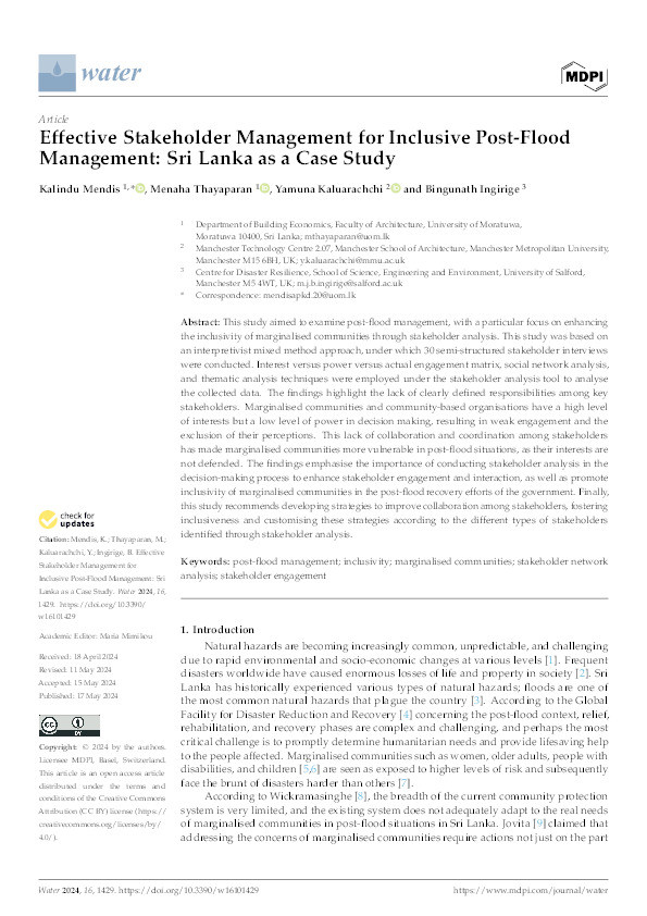 Effective Stakeholder Management for Inclusive Post-Flood Management: Sri Lanka as a Case Study Thumbnail