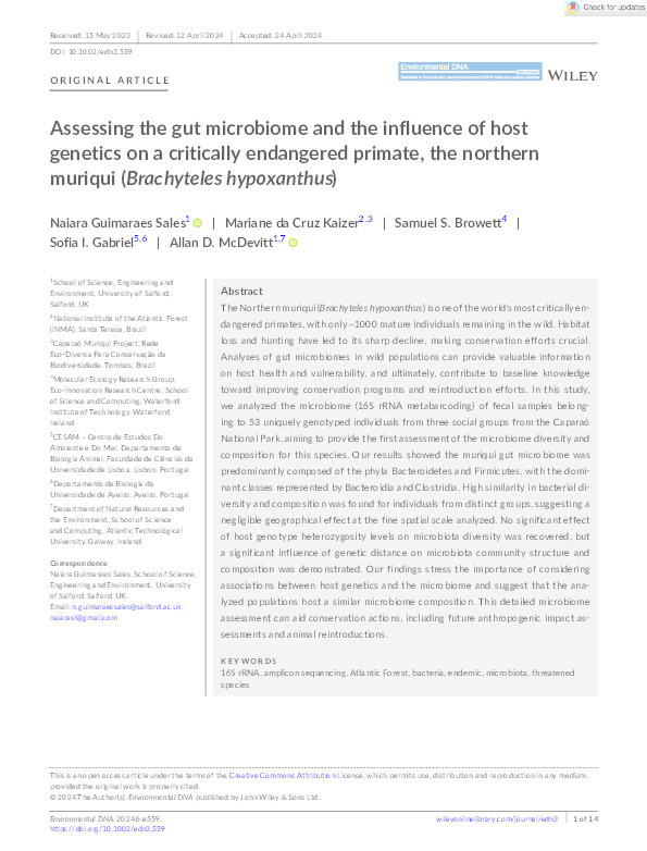 Assessing the gut microbiome and the influence of host genetics on a critically endangered primate, the northern muriqui ( Brachyteles hypoxanthus ) Thumbnail