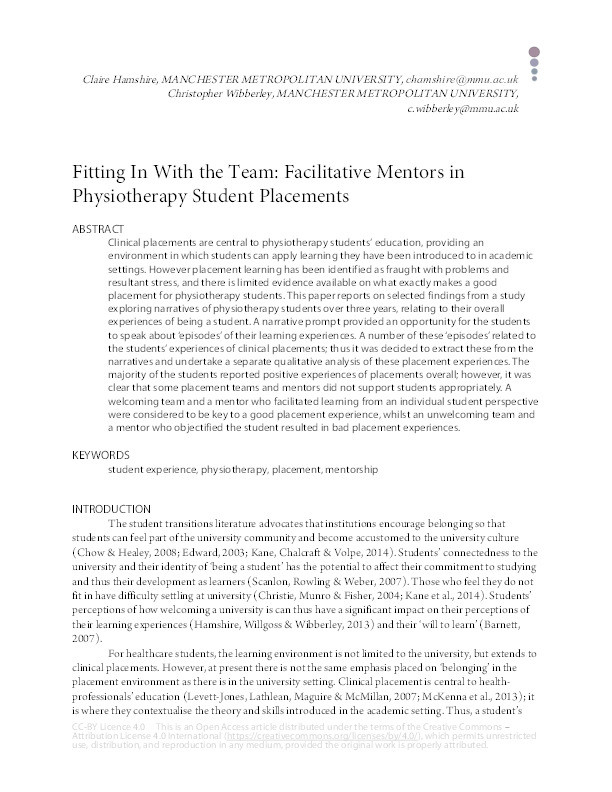 Fitting in with the team: Facilitative mentors in physiotherapy student placements Thumbnail