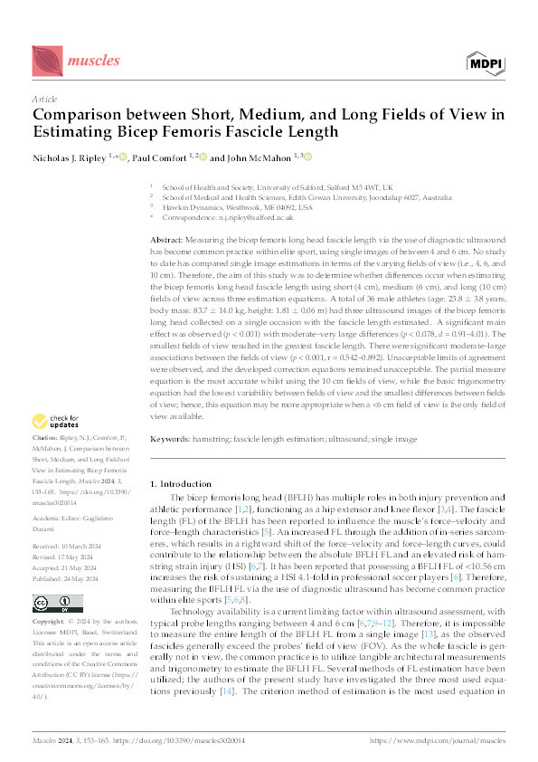 Comparison between Short, Medium, and Long Fields of View in Estimating Bicep Femoris Fascicle Length Thumbnail