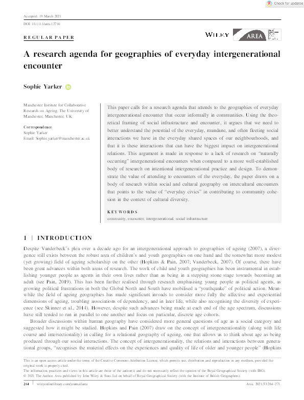 A research agenda for geographies of everyday intergenerational encounter Thumbnail