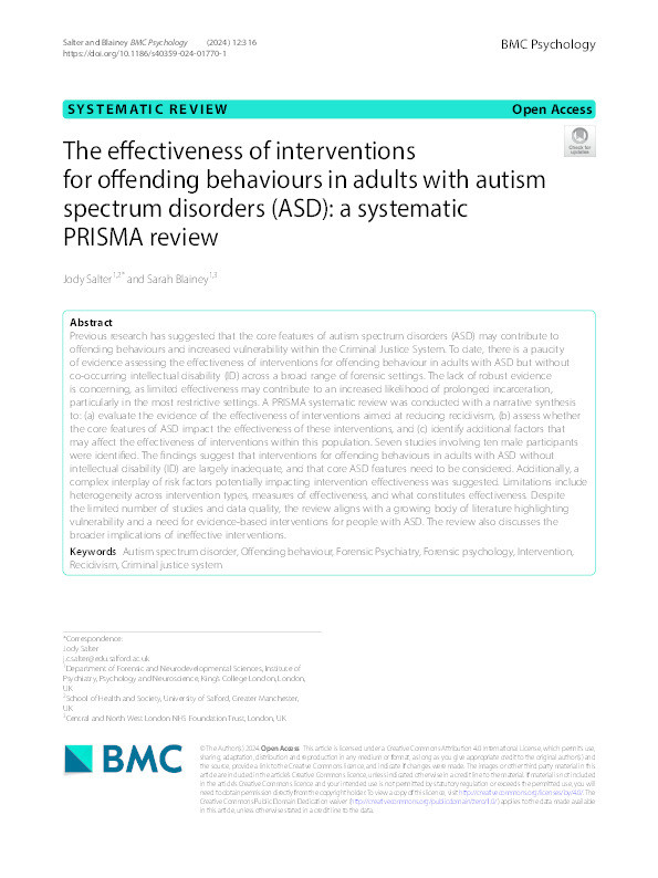 The effectiveness of interventions for offending behaviours in adults with autism spectrum disorders (ASD): a systematic PRISMA review Thumbnail