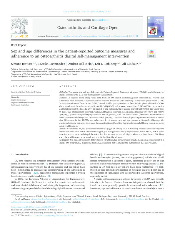 Sex and age differences in the patient-reported outcome measures and adherence to an osteoarthritis digital self-management intervention Thumbnail