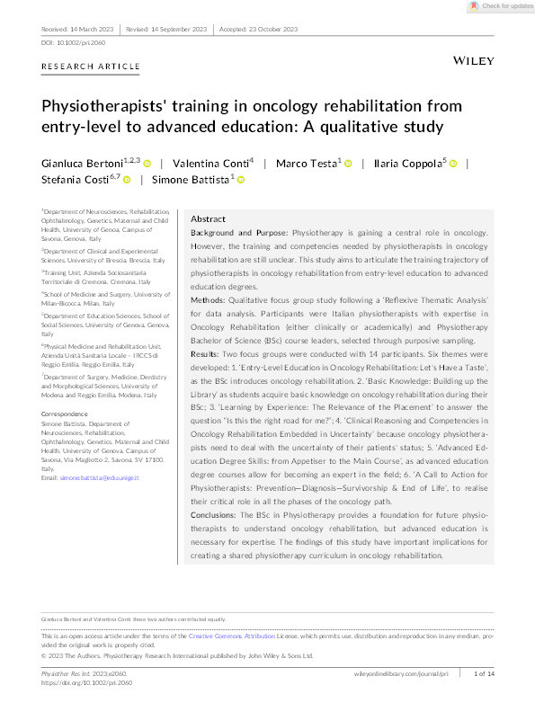 Physiotherapists' training in oncology rehabilitation from entry‐level to advanced education: A qualitative study Thumbnail