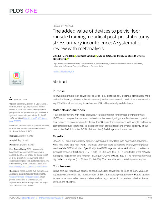 The added value of devices to pelvic floor muscle training in radical post-prostatectomy stress urinary incontinence: A systematic review with metanalysis Thumbnail