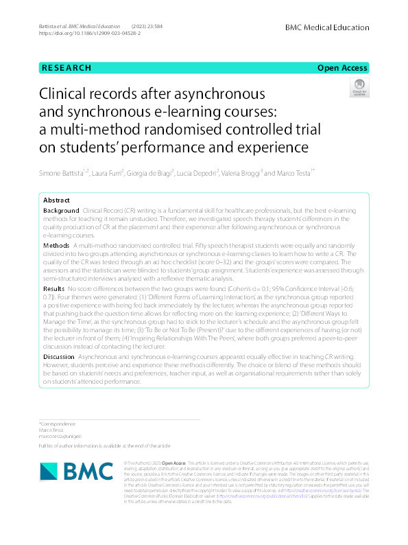 Clinical records after asynchronous and synchronous e-learning courses Thumbnail